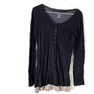 Majestic Filatures Black Neutral Grey Layered Henley Scoop Neck Long Sleeve Top
